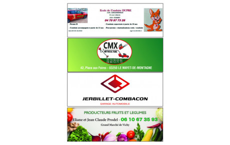 ECOLE DE CONDUITE DUPRE + CMX MOTOCULTURE + JERBILLET-COMBACON + PRODUCTEURS FRUIT ET LEGUMES PRODEL